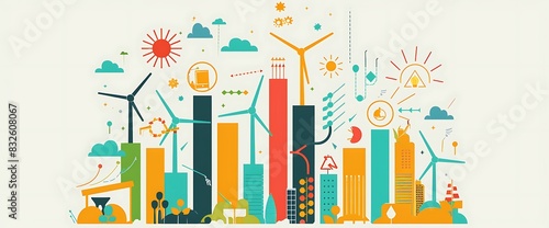 A creative  illustrative bar graph with bold  colorful bars and symbols representing the growth of wealth in the renewable energy sector.