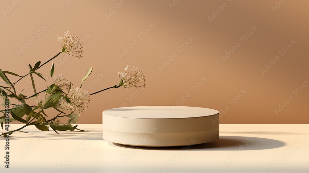 Digital mockup of a minimalist product display, featuring a sleek white round pedestal on a soft beige background, perfect for showcasing luxury items Digital mockup of a minimalist product display, featuring a sleek white round pedestal on a soft beige background, perfect for showcasing luxury items