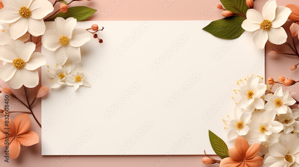 Illustration of an elegant flat lay design, featuring a clean white card surrounded by small flowers and leaves, on a minimalistic background for product photography Illustration of an elegant flat lay design, featuring a clean white card surrounded by small flowers and leaves, on a minimalistic background for product photography