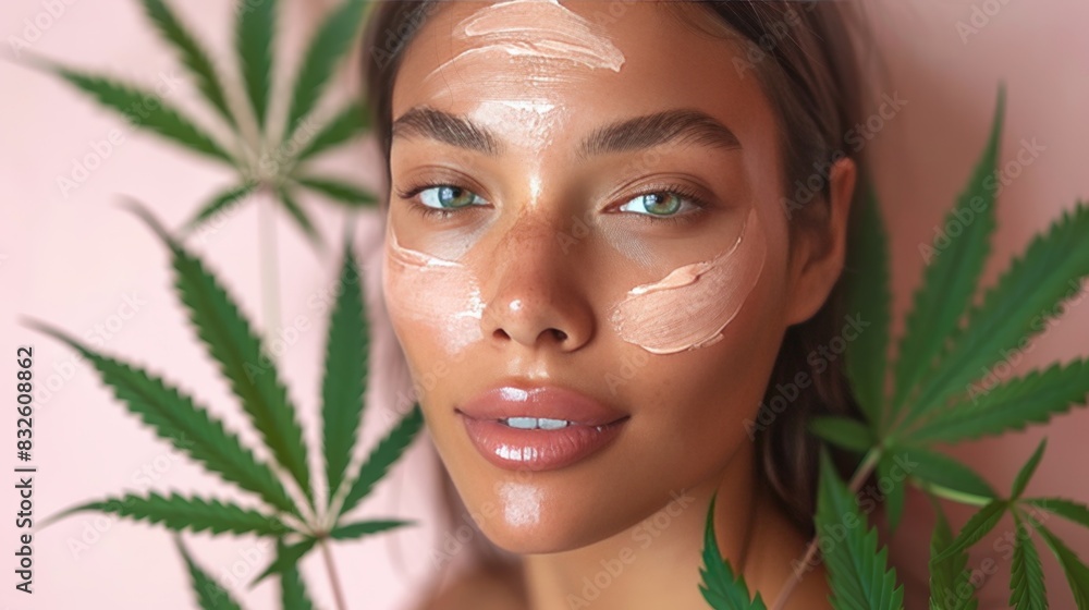 Natural cosmetic cream in glass jar surrounded by scattered hemp leaves for organic skincare Natural cosmetic cream in glass jar surrounded by scattered hemp leaves for organic skincare