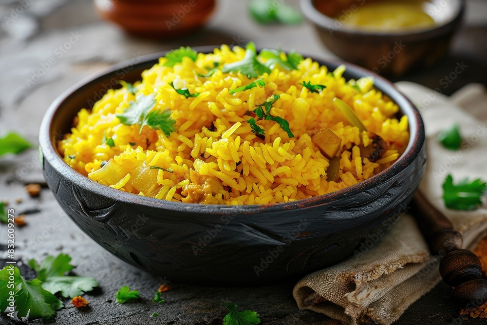 yellow sweet zarda rice in black bowl yellow sweet zarda rice in black bowl