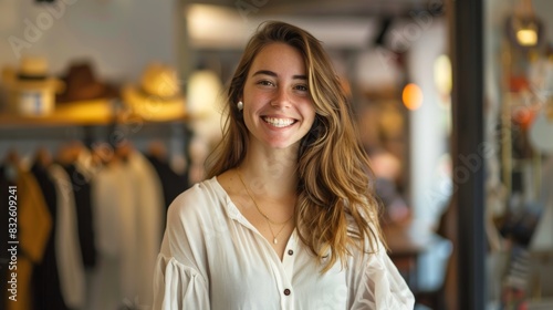 Wallpaper Mural Smiling Woman in a Boutique Store with Warm Lighting
 Torontodigital.ca