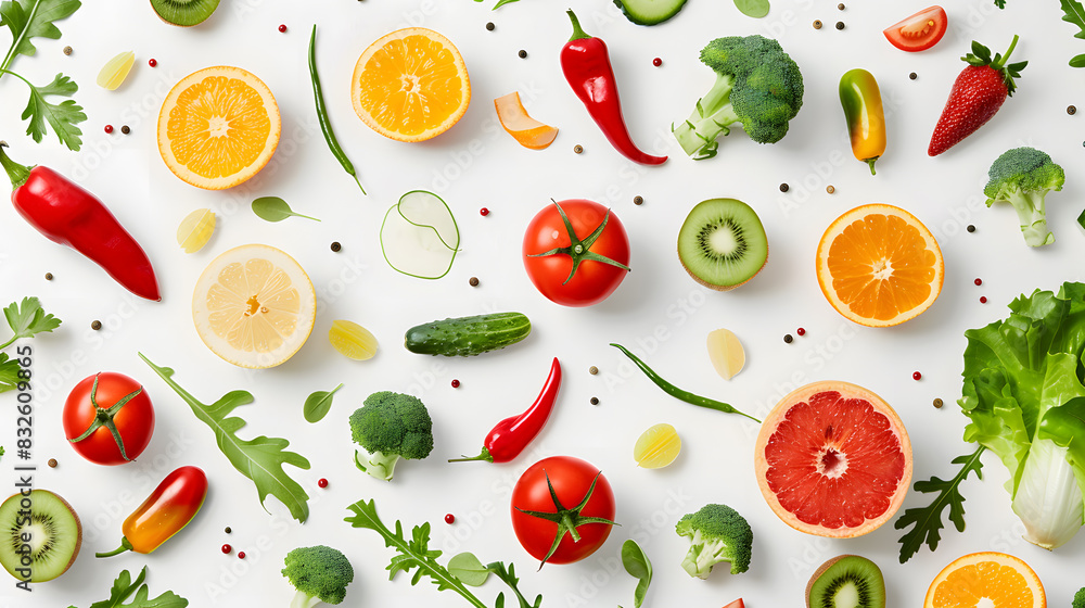 Various vegetables and fruits isolated on white background, top view, flat layout. Concept of healthy eating, food background Various vegetables and fruits isolated on white background, top view, flat layout. Concept of healthy eating, food background