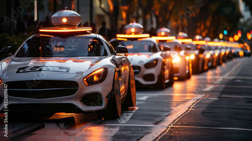 Fleet of Self-Driving Autonomous Vehicles on City Road at Sunset © swissa