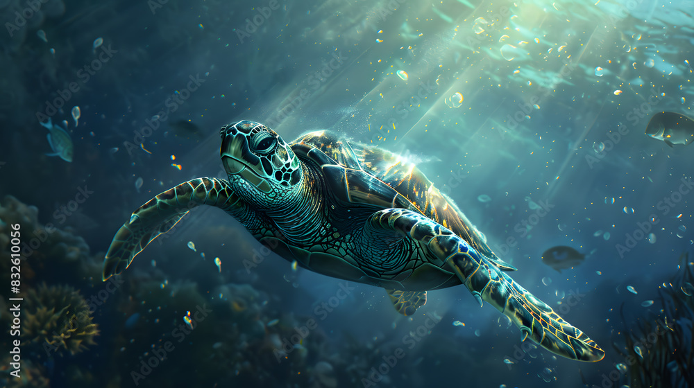 Fototapeta premium Green sea turtle swimming undersea