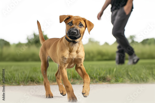 A four-month-old mixed breed medium-sized brown dog running and playing in an off-leash dog park with its owner on the background.