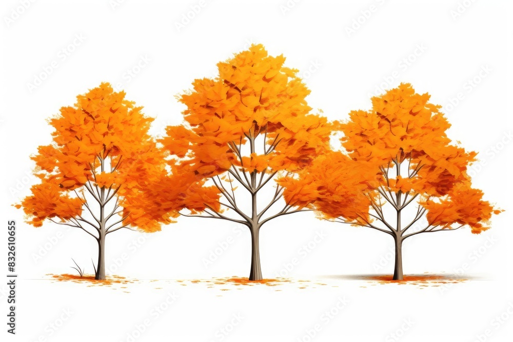 Three vibrant orange trees stand in a row against a white background. The leaves are fully bloomed, suggesting autumn. Three vibrant orange trees stand in a row against a white background. The leaves are fully bloomed, suggesting autumn.