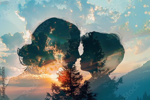 Double Exposure of Woman and Child Silhouette with Nature