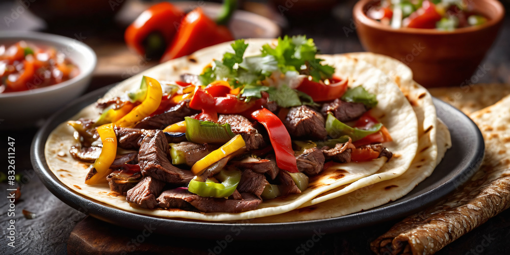 A spicy beef fajita, grilled with onions and peppers, served with warm tortillas and a tangy salsa A spicy beef fajita, grilled with onions and peppers, served with warm tortillas and a tangy salsa