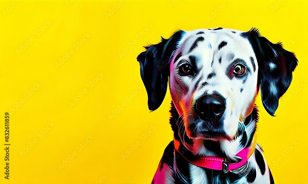 Portrait of a Dalmatian in color against a yellow background in pop art style with neon