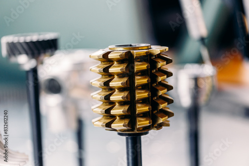 Closeup gears, impaled on shaft spline. Replacement spare part of industry machine tool photo