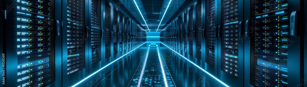 Fototapeta premium Inside the digital core, a corridor lined with illuminated servers, reflecting the vast network of information technology
