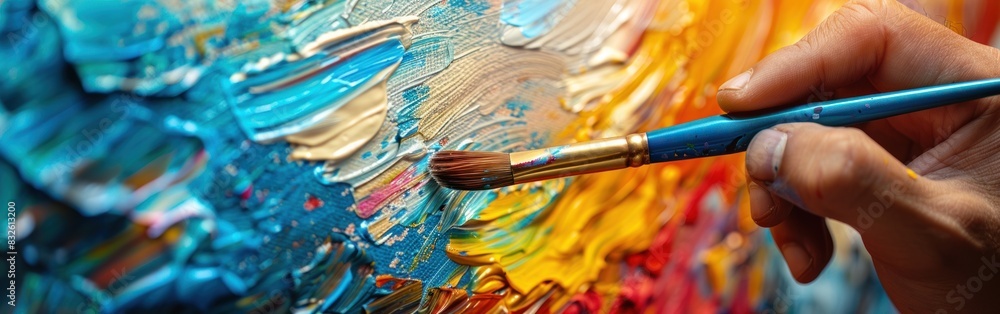 Fototapeta premium Person holding paintbrush, painting on canvas