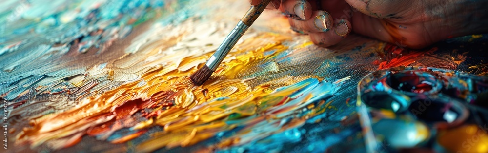 Obraz premium A close-up of a person applying vibrant colors with a paintbrush