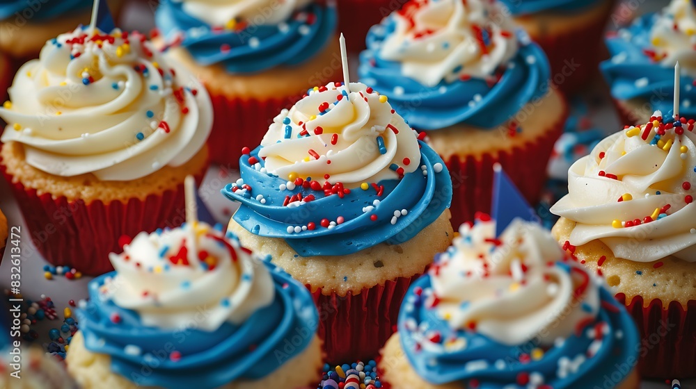 A variety of red, white and blue cupcakes with frosting and sprinkles. A variety of red, white and blue cupcakes with frosting and sprinkles.