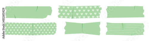 Grenn scotch tape with patterns and without. Office glue paper stripes collection. Torn strip, patch.