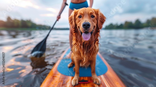 Woman with dog sup boarding, enjoying summer adventure on blue waters, practicing skills