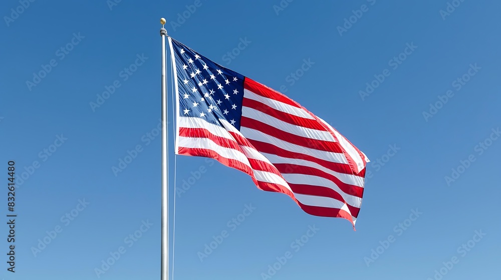 The photo shows an American flag waving in the wind. The flag is blowing to the right. The sky is clear and blue. The photo shows an American flag waving in the wind. The flag is blowing to the right. The sky is clear and blue.
