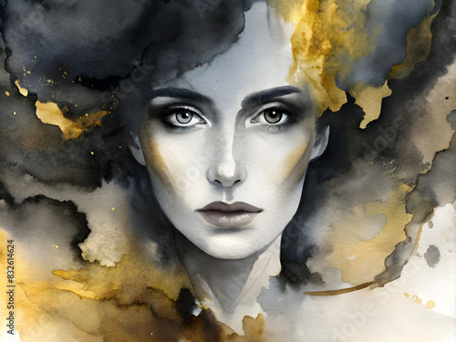 Abstract water paint black and gold colors portrait of a woman.