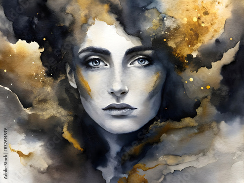 Abstract water paint black and gold colors portrait of a woman