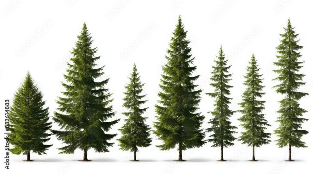 A row of seven evergreen trees of varying heights, isolated on a white background. A row of seven evergreen trees of varying heights, isolated on a white background.
