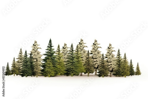 A group of lush green pine trees stand tall against a white background.