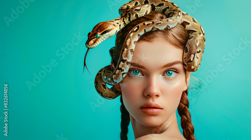 An attractive woman with blue eyes, long hair in pigtails with two cobras wrapped around her hair photo