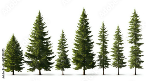 A row of seven evergreen trees of varying heights  isolated on a white background.