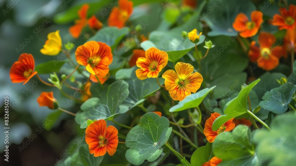 A of nasturtium flowers on a vine attracting predatory insects to help control pest populations. A of nasturtium flowers on a vine attracting predatory insects to help control pest populations.