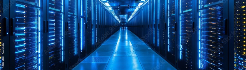 Hightech data center with rows of servers glowing under blue lights, a symbol of modern data storage and cloud computing power Hightech data center with rows of servers glowing under blue lights, a symbol of modern data storage and cloud computing power