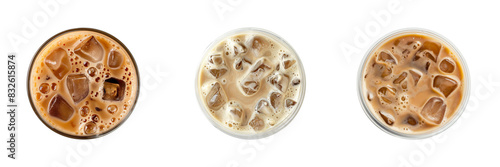 Set of tasty cold coffee isolated on transparent background, top view 
