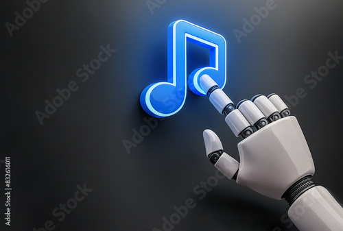 3D robot hand and glowing music icon. copy space. AI music generate concept
