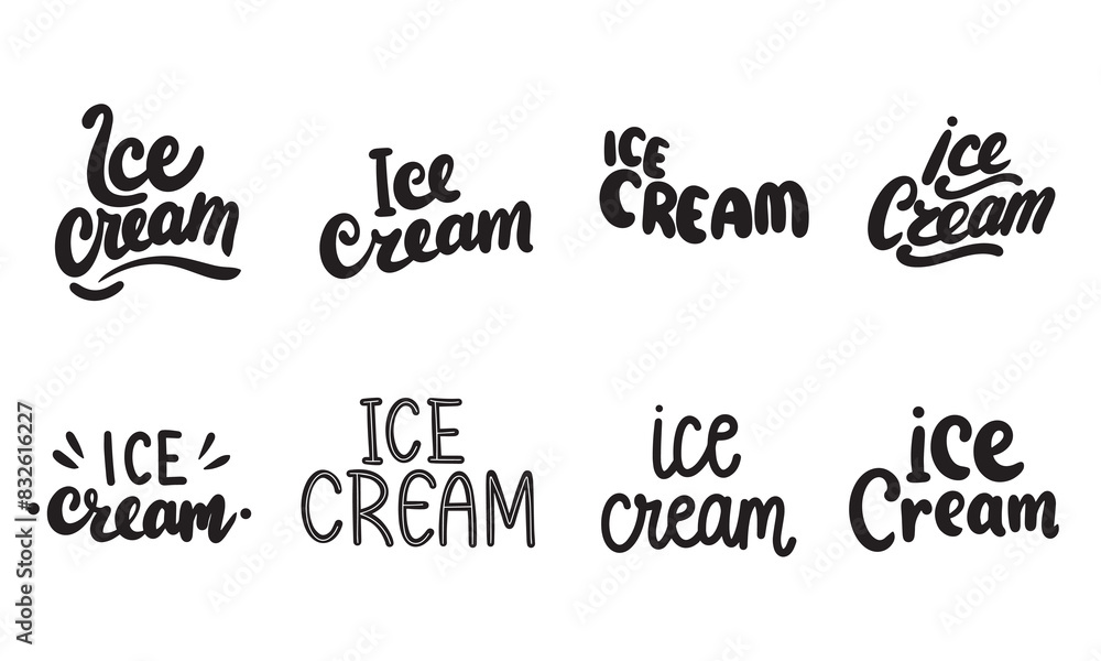 Collection of Ice Cream text lettering. Hand drawn vector art.