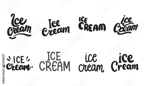 Collection of Ice Cream text lettering. Hand drawn vector art.