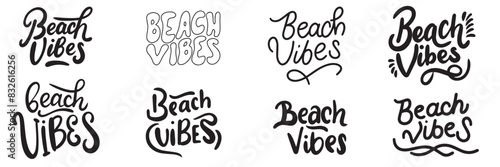 Collection of Beach Vibes text lettering. Hand drawn vector art.