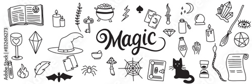 Set of magic icons in doodle style. Hand drawn vector art