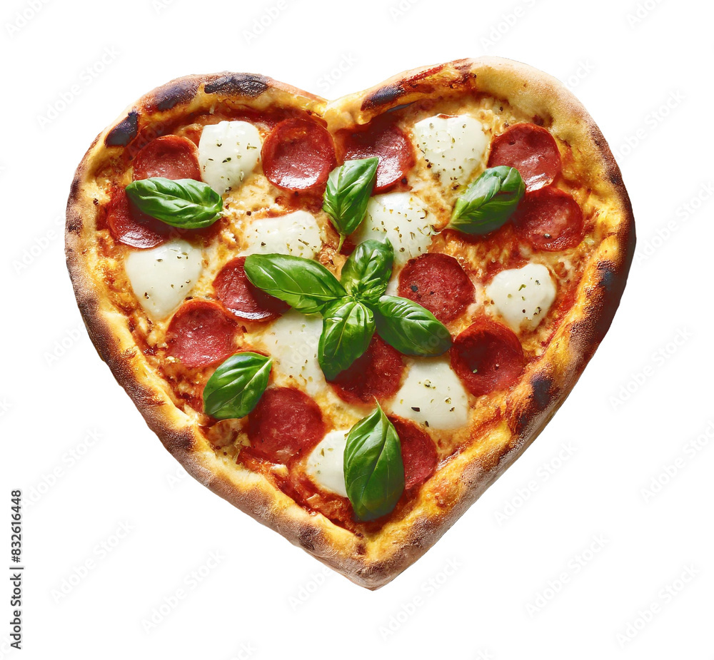 Heart-shaped pizza with melted mozzarella, pepperoni and fresh basil on a transparent background. Heart-shaped pizza with melted mozzarella, pepperoni and fresh basil on a transparent background.
