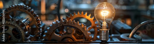 In the heart of a machine, a lone light bulb burns brightly among precision gears, illustrating the concept of industrial enlightenment