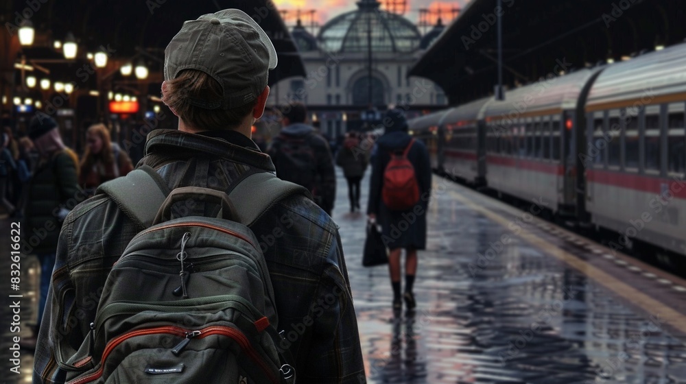 Young traveler with a hat and backpack, sunlit train station, vibrant sunset colors, Realism, High detail 8K , high-resolution, ultra HD,up32K HD Young traveler with a hat and backpack, sunlit train station, vibrant sunset colors, Realism, High detail 8K , high-resolution, ultra HD,up32K HD
