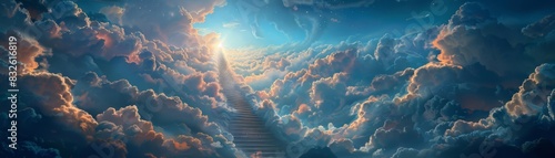 An aweinspiring staircase stretches upwards, enveloped by clouds and kissed by heavenly light, symbolizing enlightenment and the journey of life photo