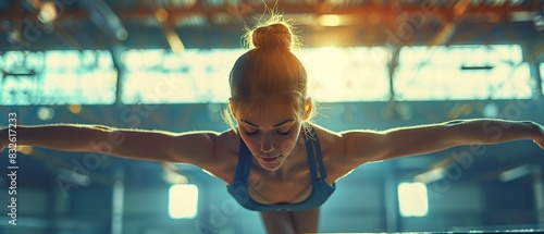 Young female gymnast performing a split leap on the balance beam, brightly lit gym, athletic prowess, Realistic, High resolution