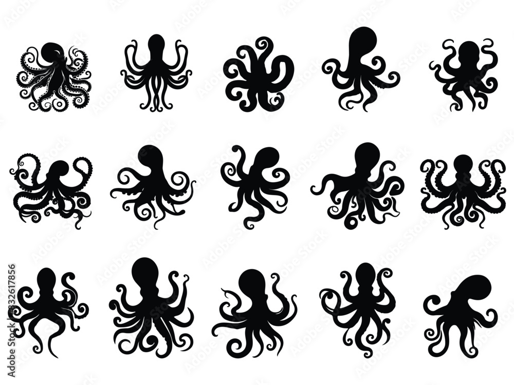 octopus silhouette black set isolated on white background. octopus silhouette black set isolated on white background.