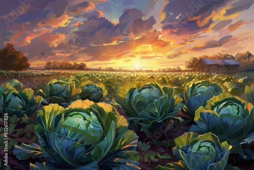 Cabbage harvest in a field under the warm rays of the sun. The concept of growing vegetables without GMOs, small business development, vegetable growing.