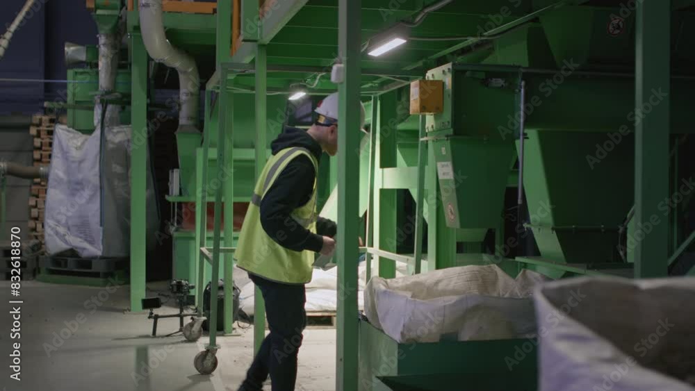 Waste management sorting facility caucasian worker conducts an inspection and checks the quality of recyclable plastic. Recycling of garbage. Wearing a hard hat Waste management sorting facility caucasian worker conducts an inspection and checks the quality of recyclable plastic. Recycling of garbage. Wearing a hard hat