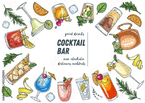 Alcoholic cocktails frame. Hand drawn vector illustration. Cocktails sketch set. Engraved style.