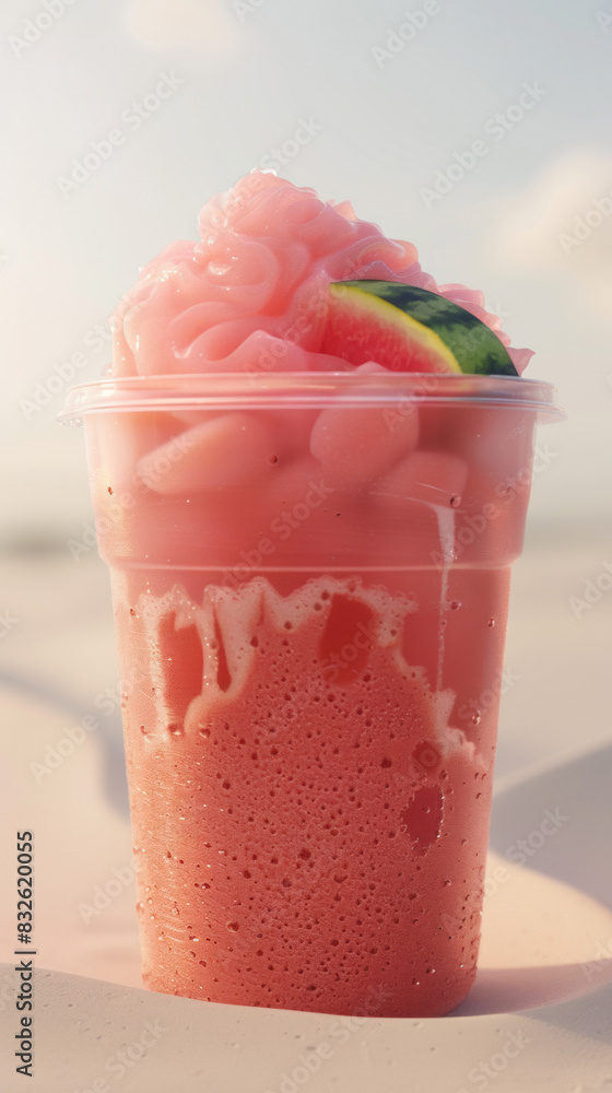 A Watermelon Coconut Milk Tea in a clear plastic cup, very tasty, ocean sunny beach background A Watermelon Coconut Milk Tea in a clear plastic cup, very tasty, ocean sunny beach background