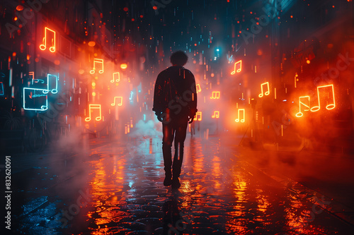 A man walks along a night street. Creative musical neon background.