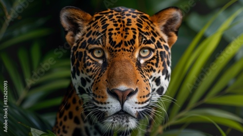 Majestic jaguar in lush jungle surrounded by tropical floral seamless background