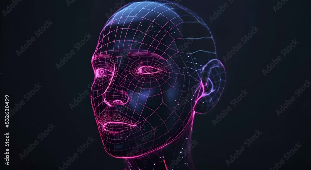 A digital face rendered with a neon grid pattern, symbolizing advanced face recognition technology. This futuristic design emphasizes the innovation and connectivity of AI, biometrics A digital face rendered with a neon grid pattern, symbolizing advanced face recognition technology. This futuristic design emphasizes the innovation and connectivity of AI, biometrics