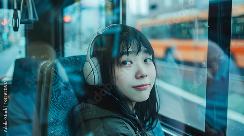 Cinematic Photograph of a Girl Sitting Alone on a Bus with Urban Setting